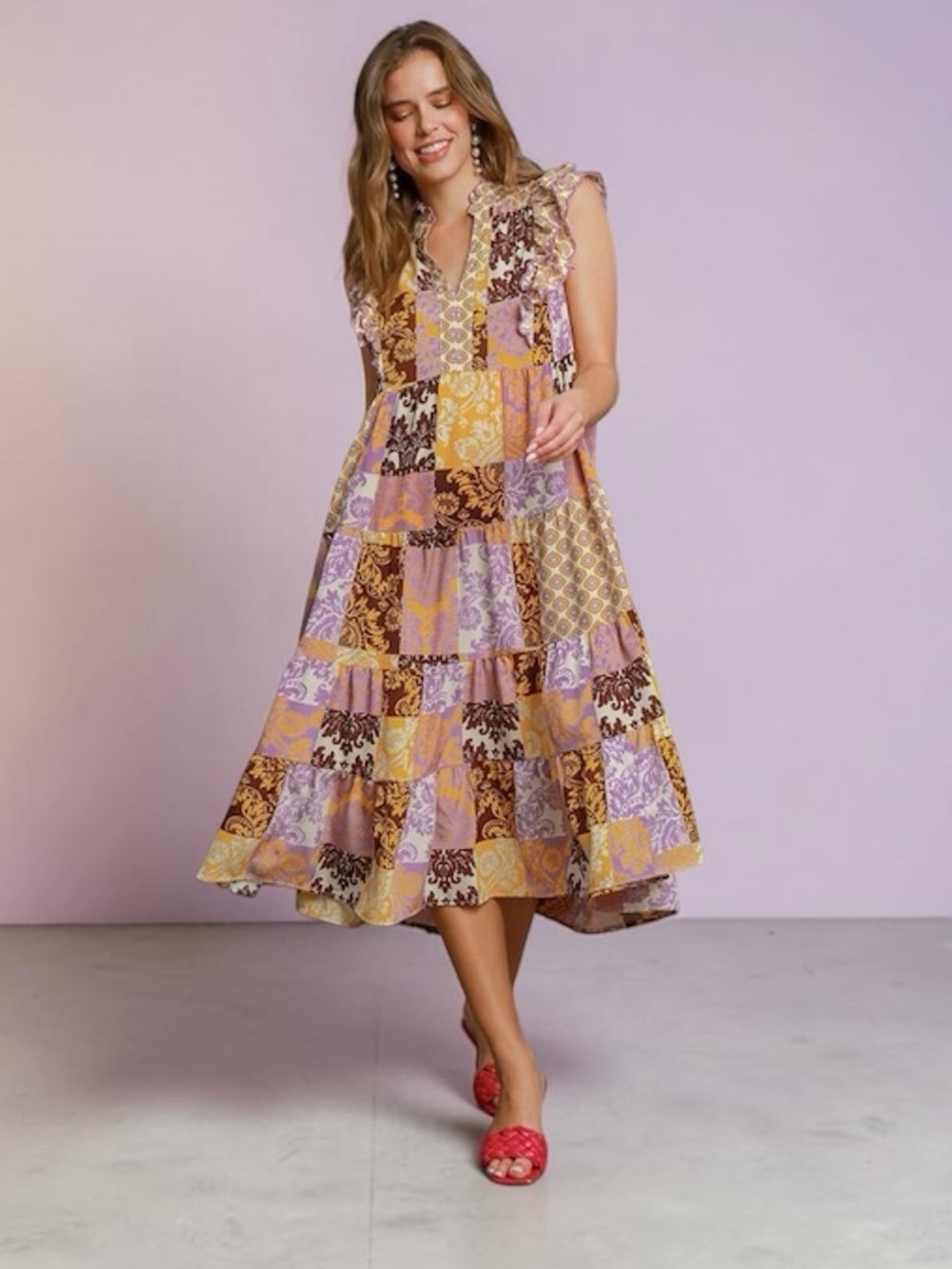 UMGEE Scarf Print Midi Shift Dress, Large, Ruffle Sleeves Boho Cottagecore